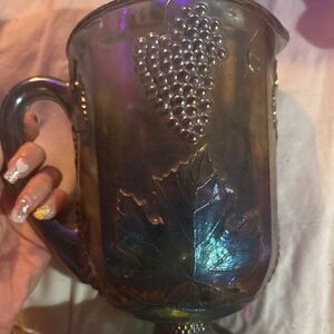 Vintage blue pitcher and candle sticks carnival glass.